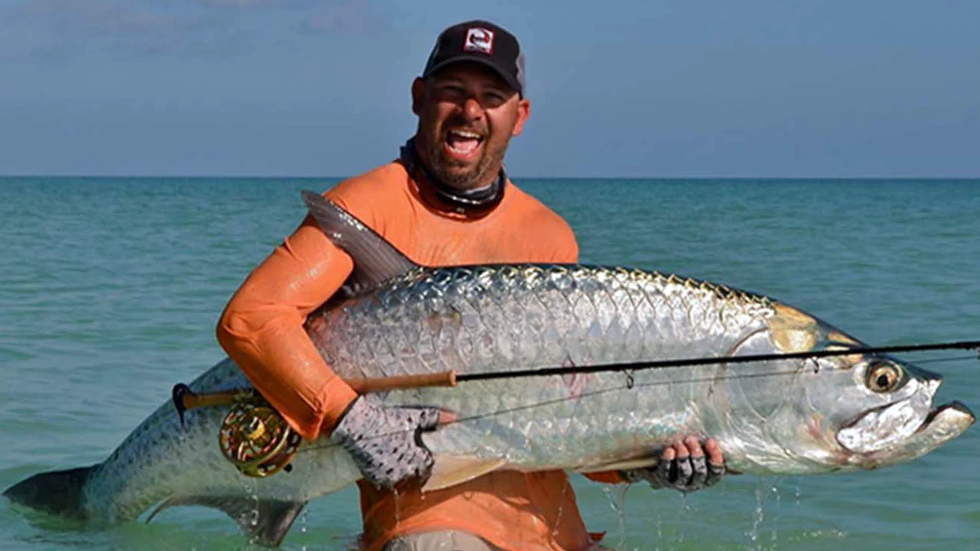 Holbox Large Tarpon Two Guides Holding Tarpon Over the Side of the Boat