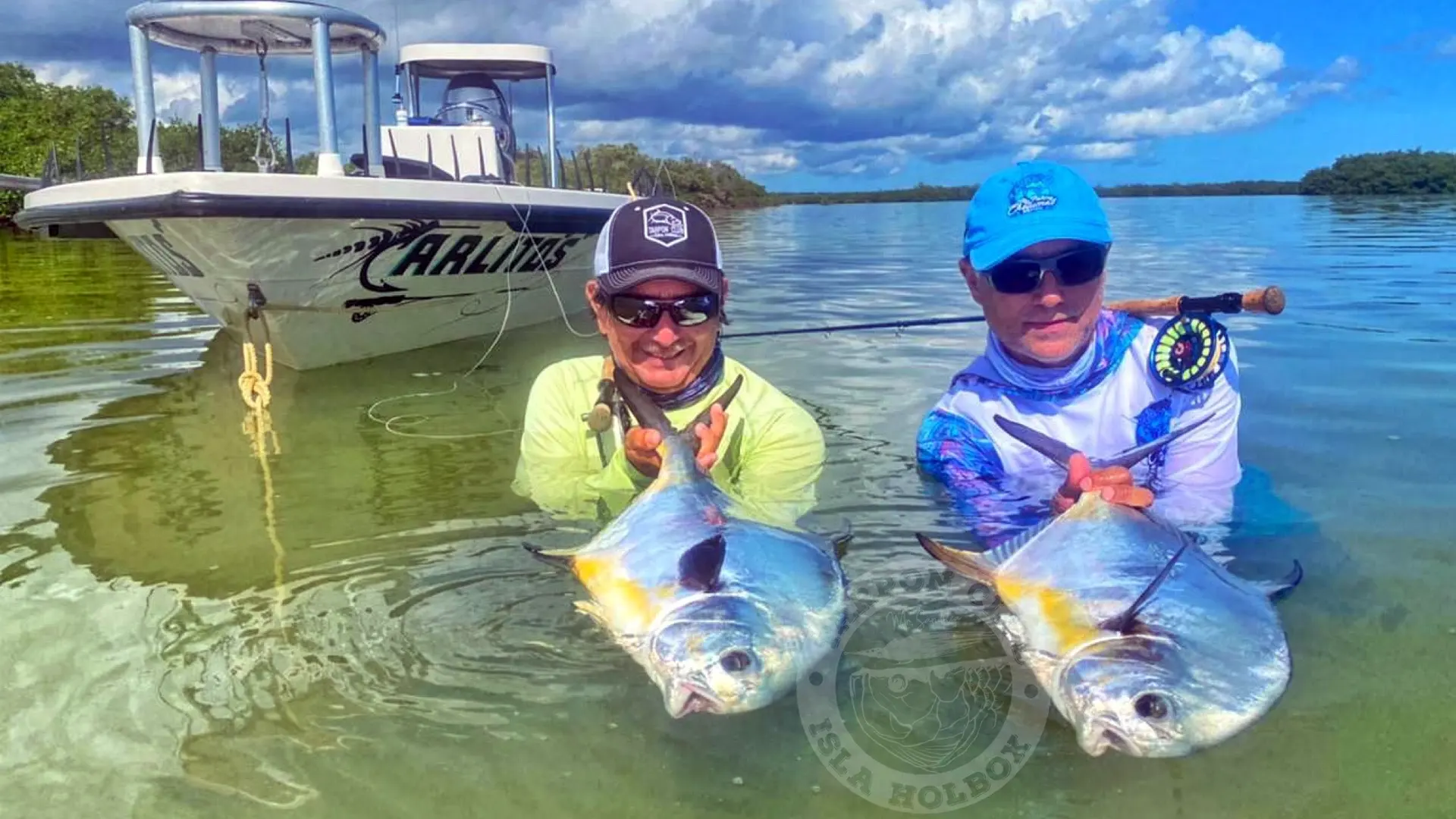 Permit Fishing Sandflea and another angler with a permit double at Holbox Island, Mexico.