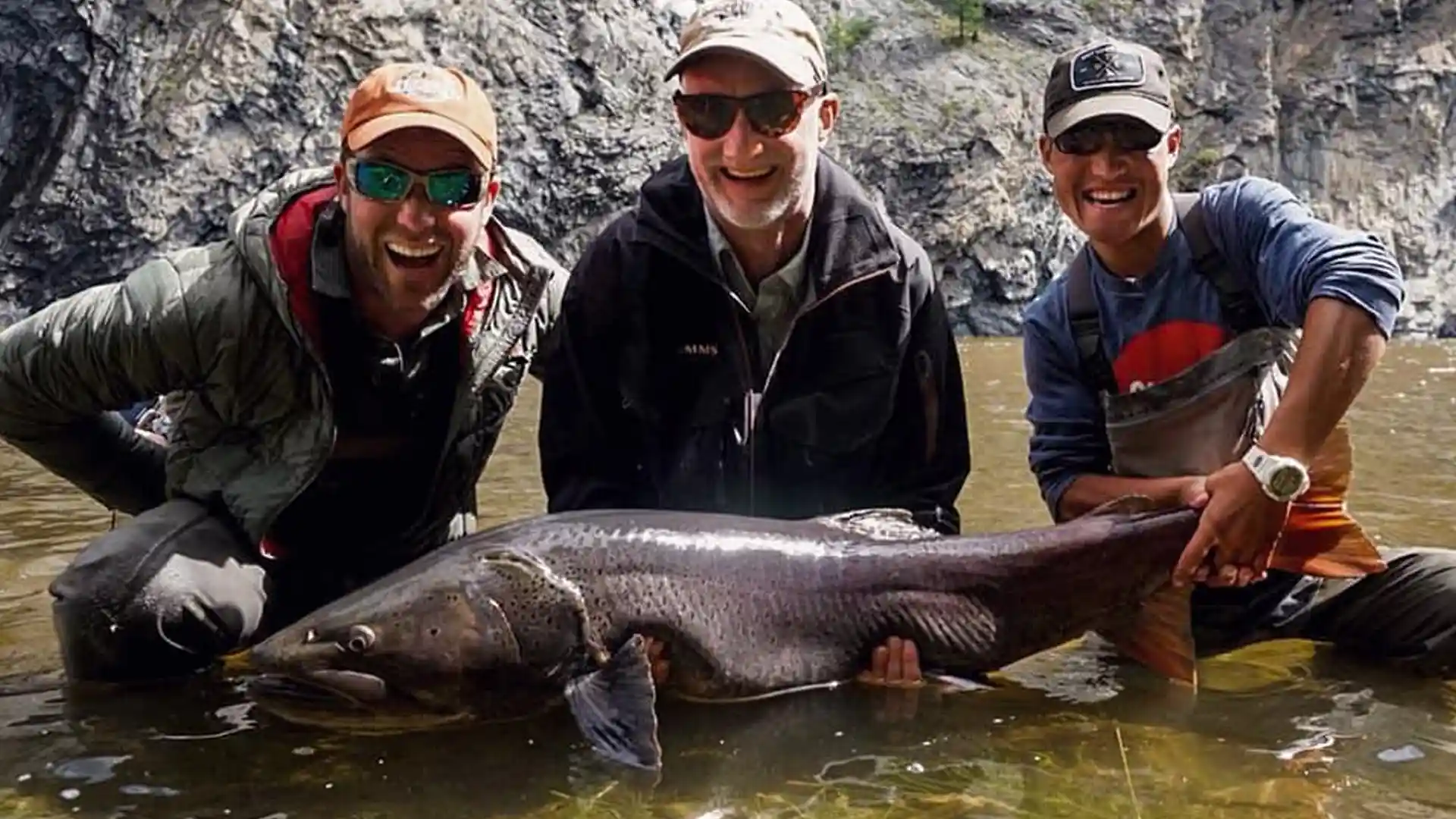 Mongolia Taimen Anglers with Large Taimen in Mongolia